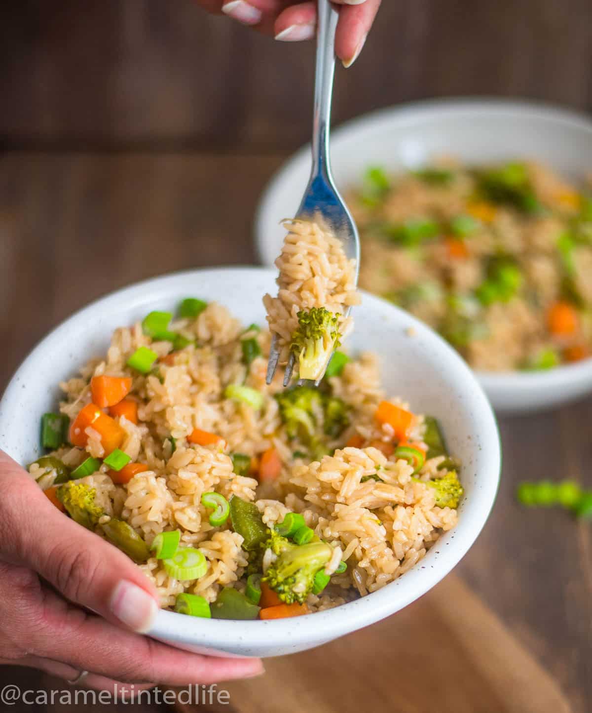 Hand holding a white bowl of fried rice and fork lifting fried rice over the bowl
