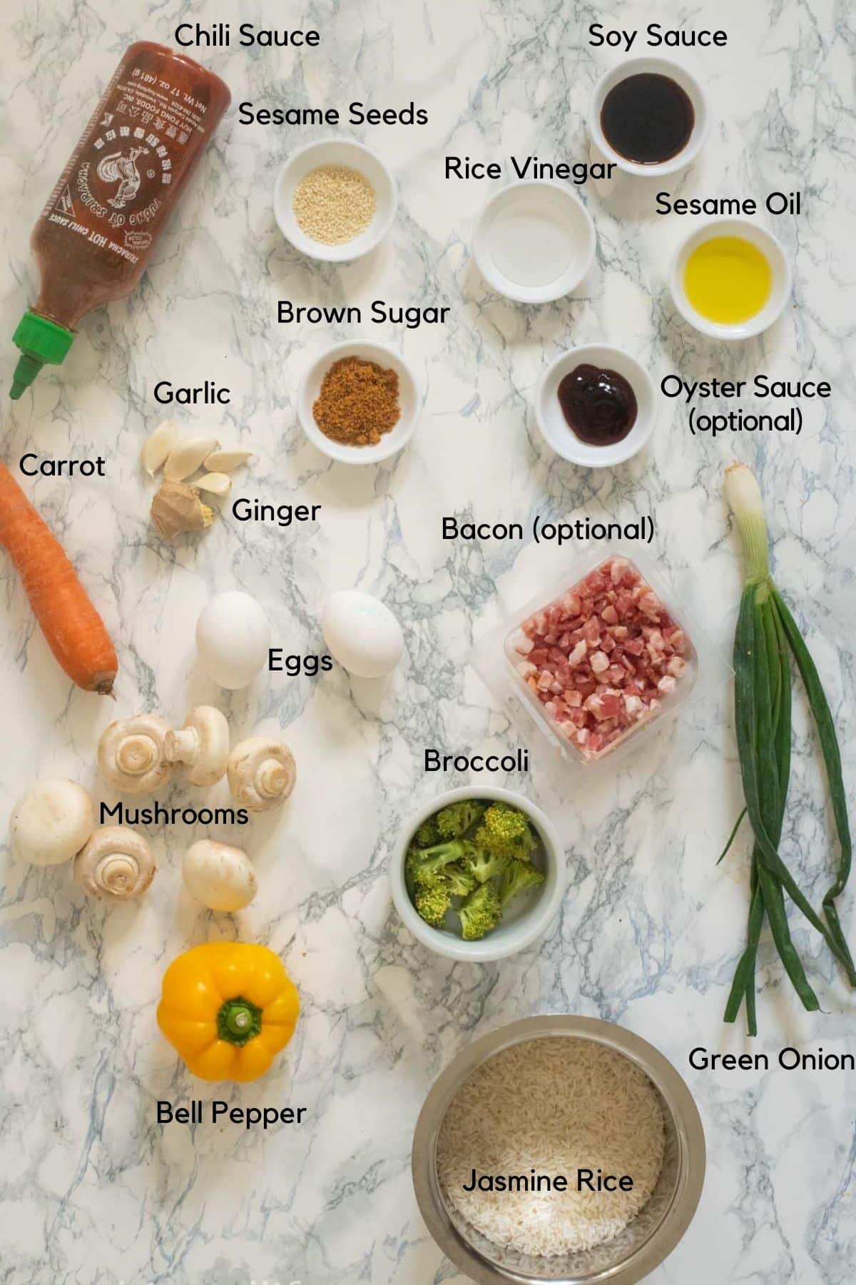 Image of all the ingredients that go into making fried rice in the Instant Pot 