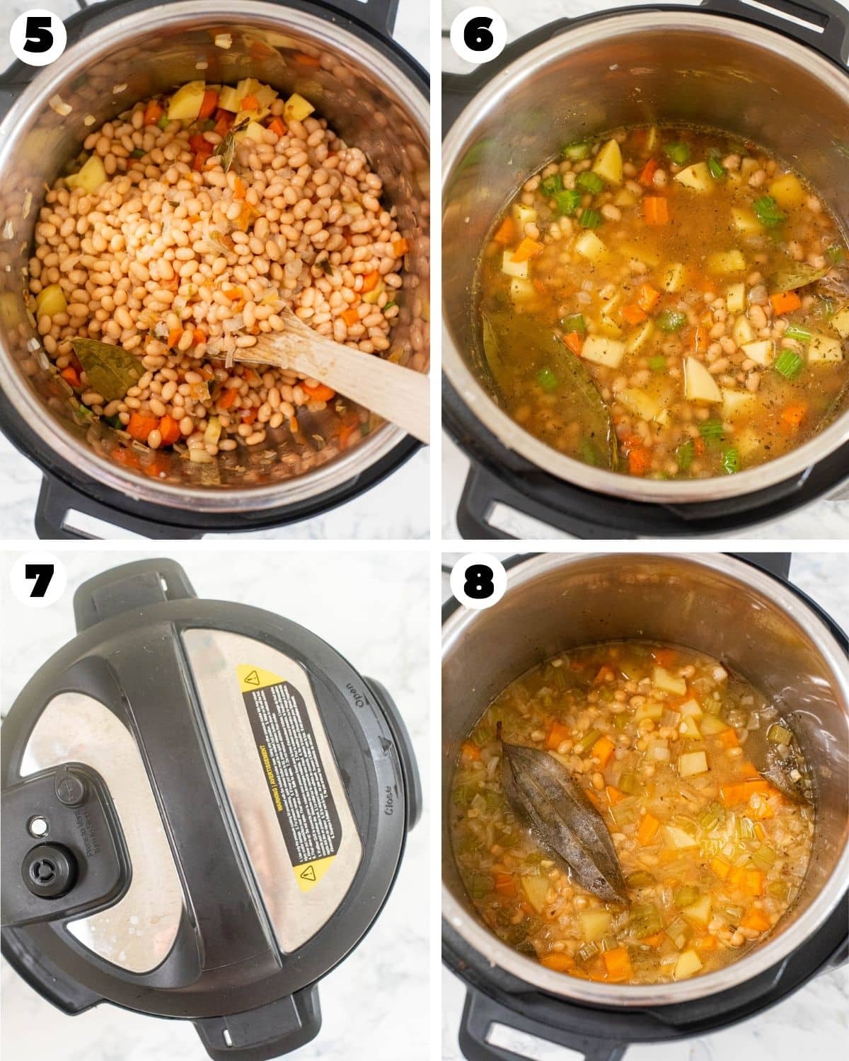 Collage of images that show white ingredients for bean soup pressure cooking in the Instant Pot 