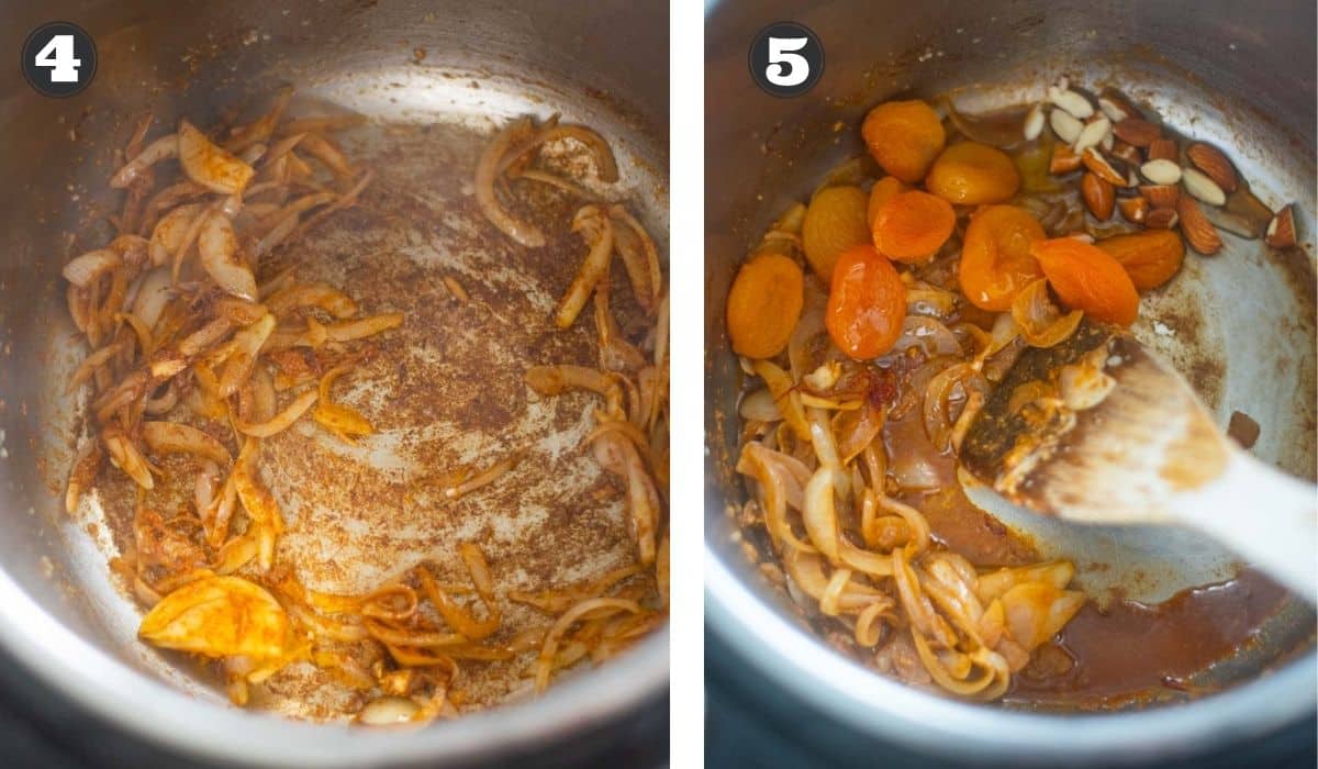 Collage of images showing spices, onions and apricots cooking in the Instant Pot