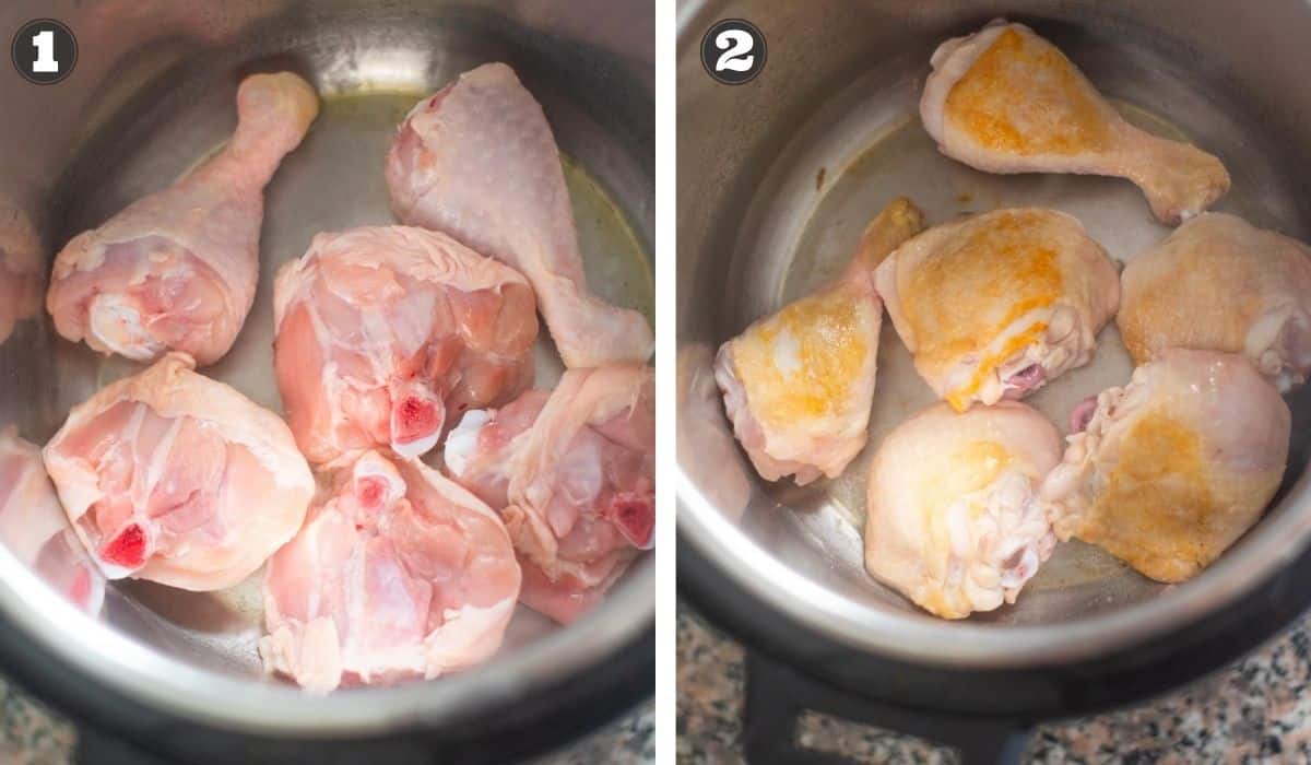 Collage of images showing chicken browing in the Instant Pot 