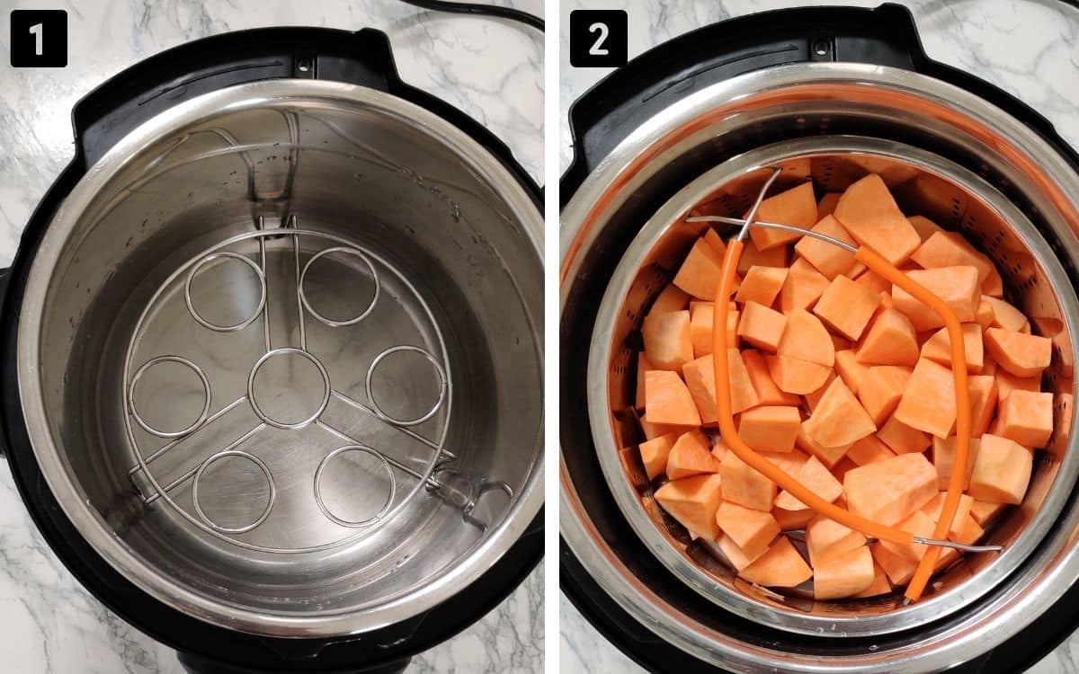 Collage of images showing sweet potatoes in a steamer basket in an Instant Pot