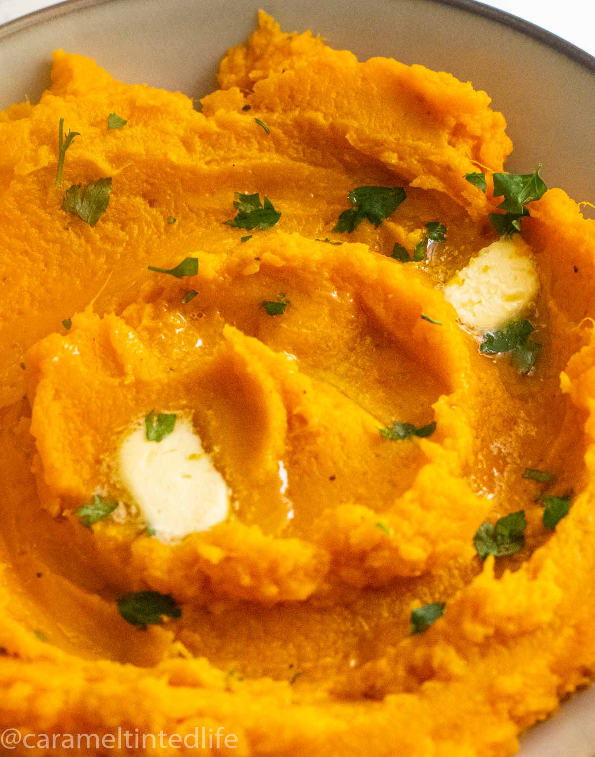 Cloesup of creamy mashed sweet potatoes with melted butter