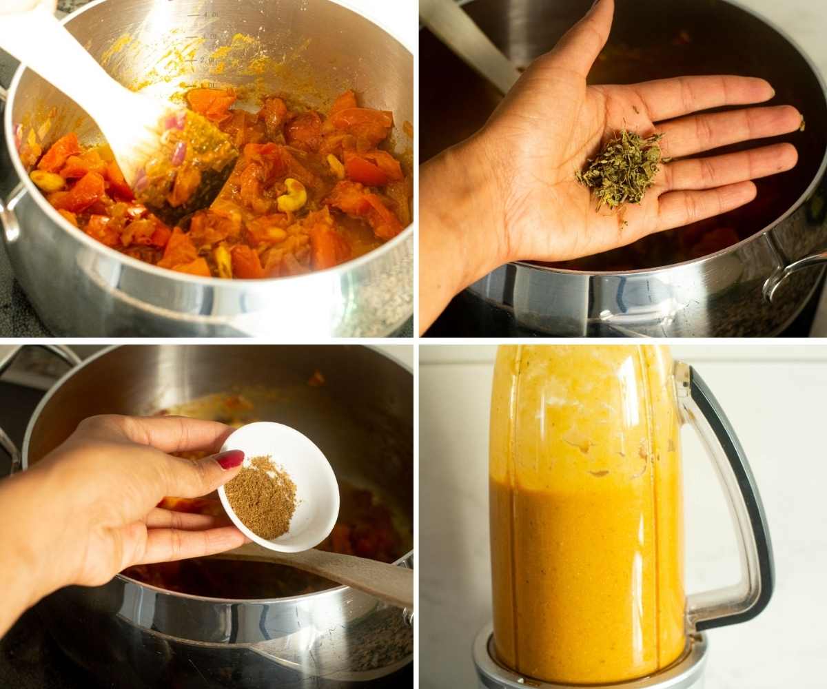 Collage of images showing the making of sauce for malai kofta 