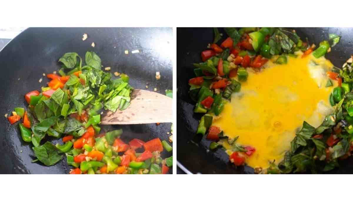 Collage of images showing frying of veggies and egg in a wok