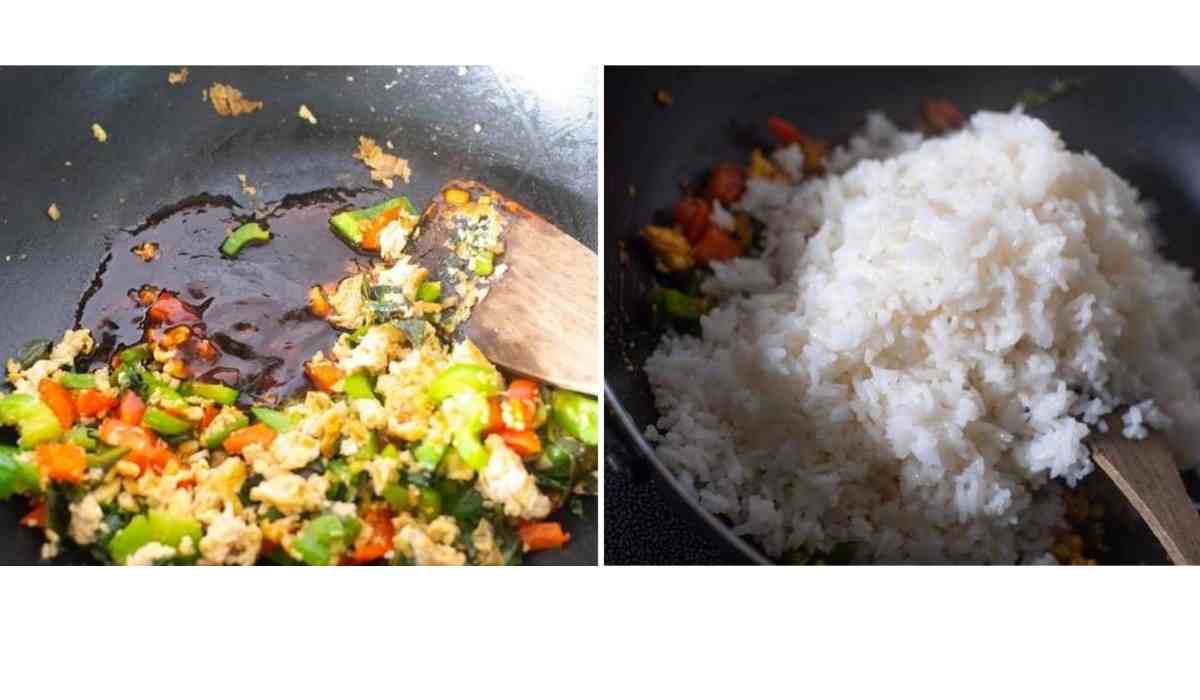 Collage of images showing addition of sauces and cooked rice to the ingredients in the wok