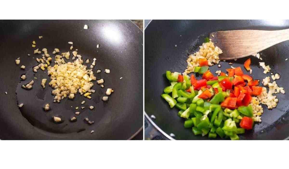 Collage of images showing addition of garlic and vegetables to a hot wok