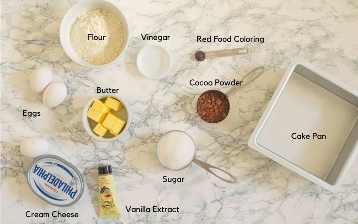 All the ingredients used to make red velvet cheesecake swirl brownies