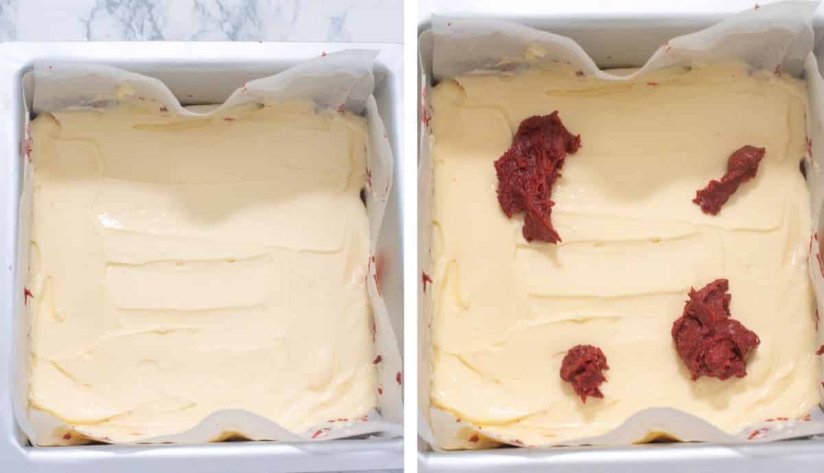 Collage of images showing the addition of cheesecake layer on red velvet batter in a cake pan 