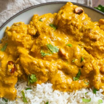 Chicken korma in a bowl with rice