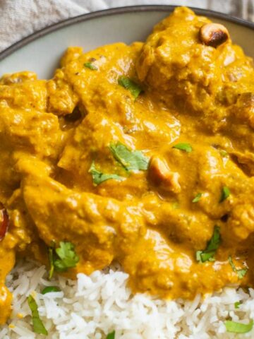 Chicken korma in a bowl with rice