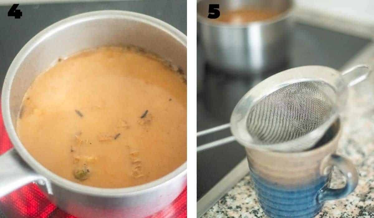Saucepan with masala chai and a strainer with a cup 