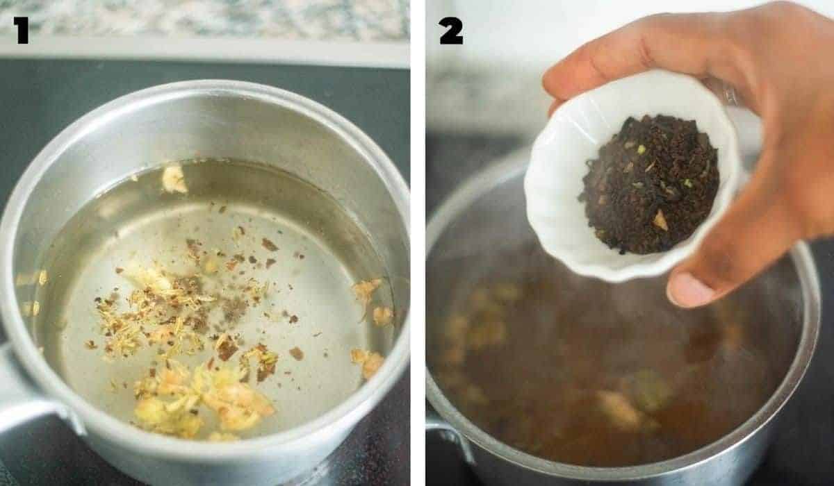 Ginger being boiled in a saucepan and tea leaves being added 