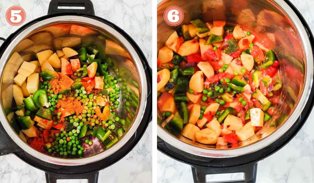 Collage showing addition of spices to vegetables in Instant Pot