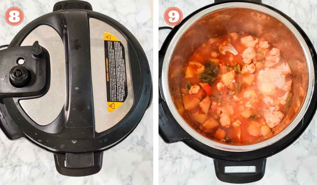 Collage showing pressure cooked vegetables in an Instant Pot