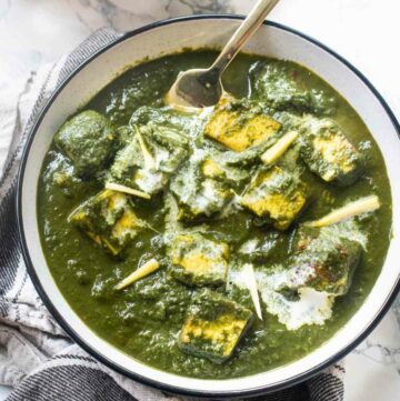 Close up of saag paneer in a bowl