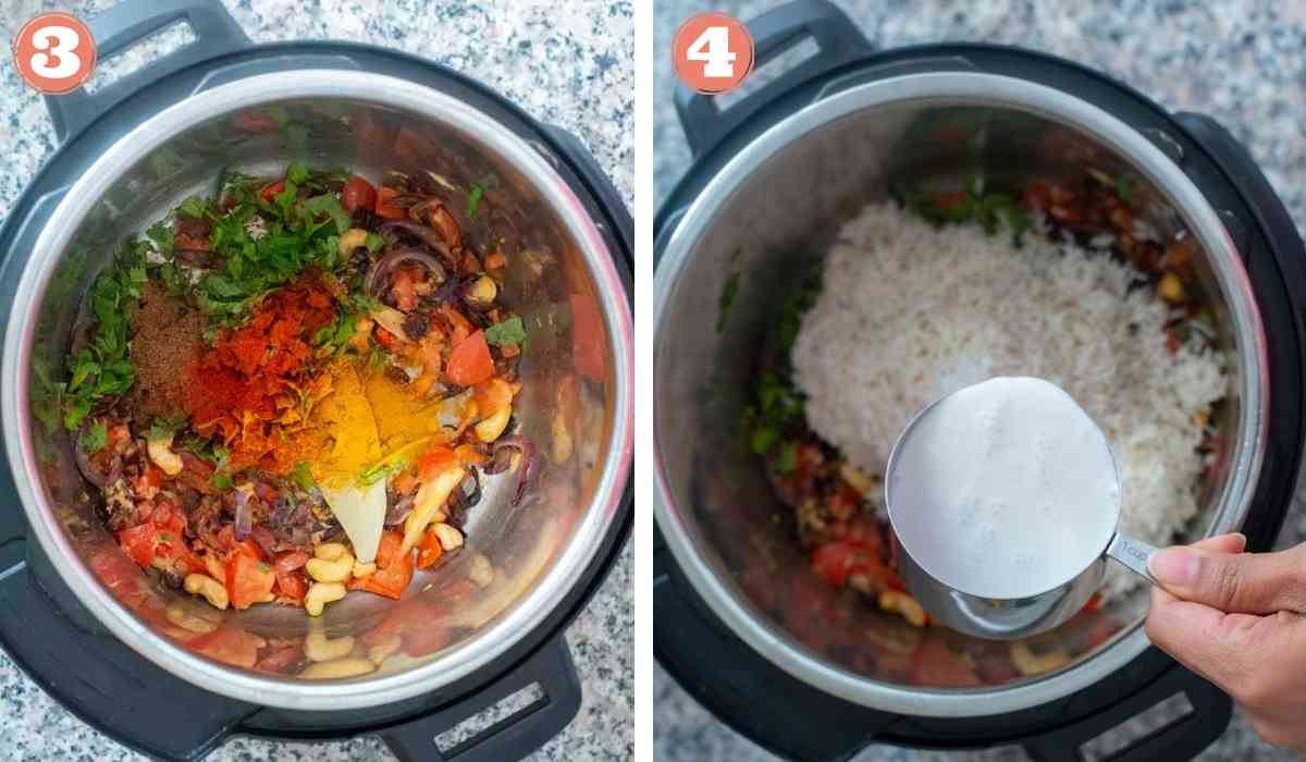 Collage showing shrimp biryani being made in an Instant Pot 