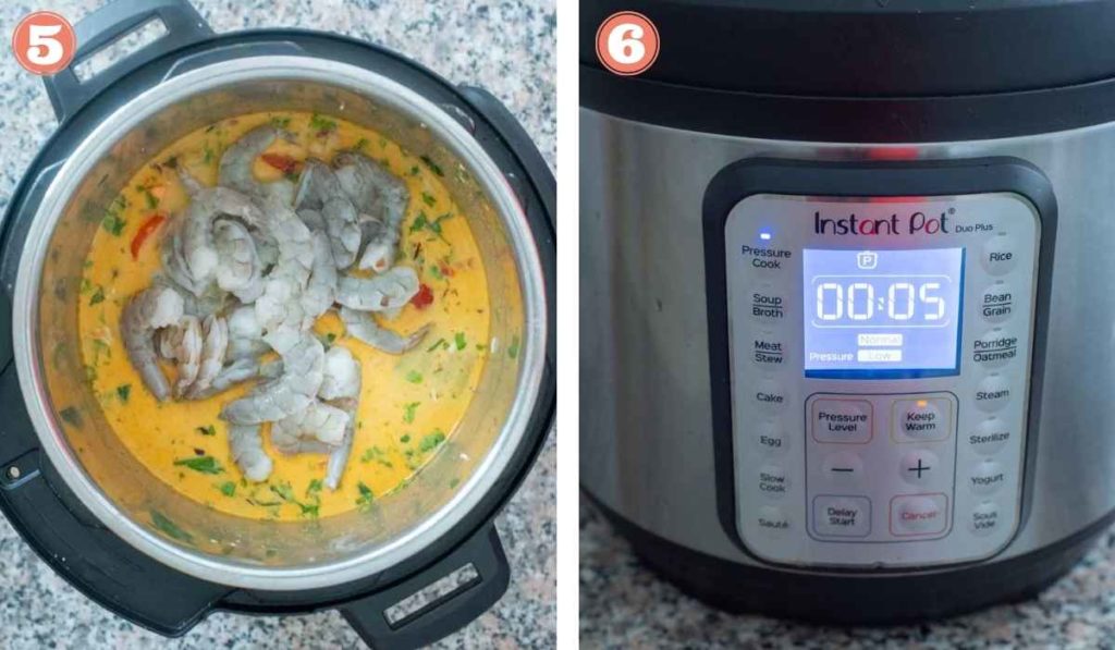 Collage showing shrimp biryani cooking an the Instant Pot 