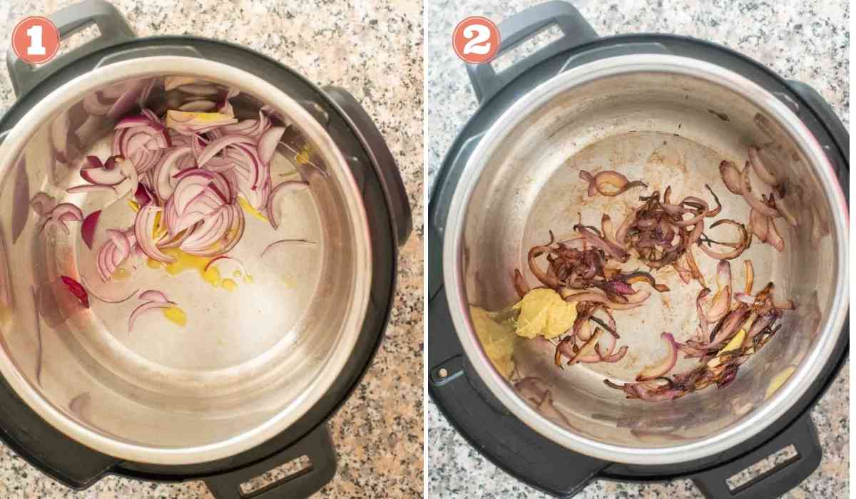 Collage showing onions and ginger garlic paste sauteed in an Instant Pot 