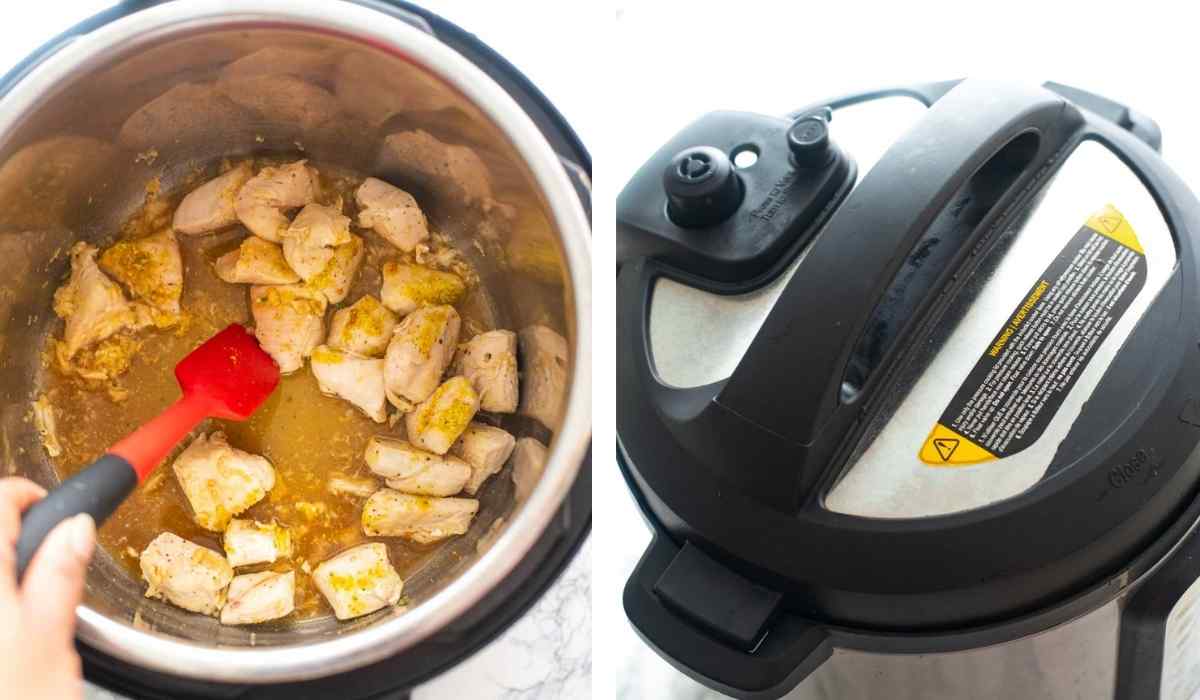 Collage of images showing the chicken pices being cooked in an Instant Pot