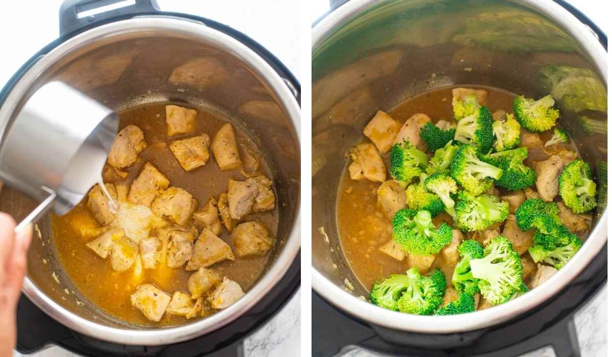 Collage of images showing the adding of cornstarch slurry and broccoli to the Instant Pot