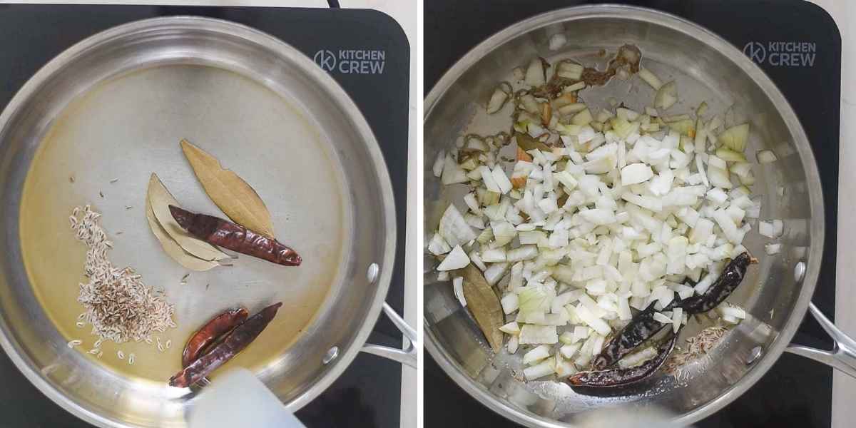 Collage showing sauteeing of onions and spices 