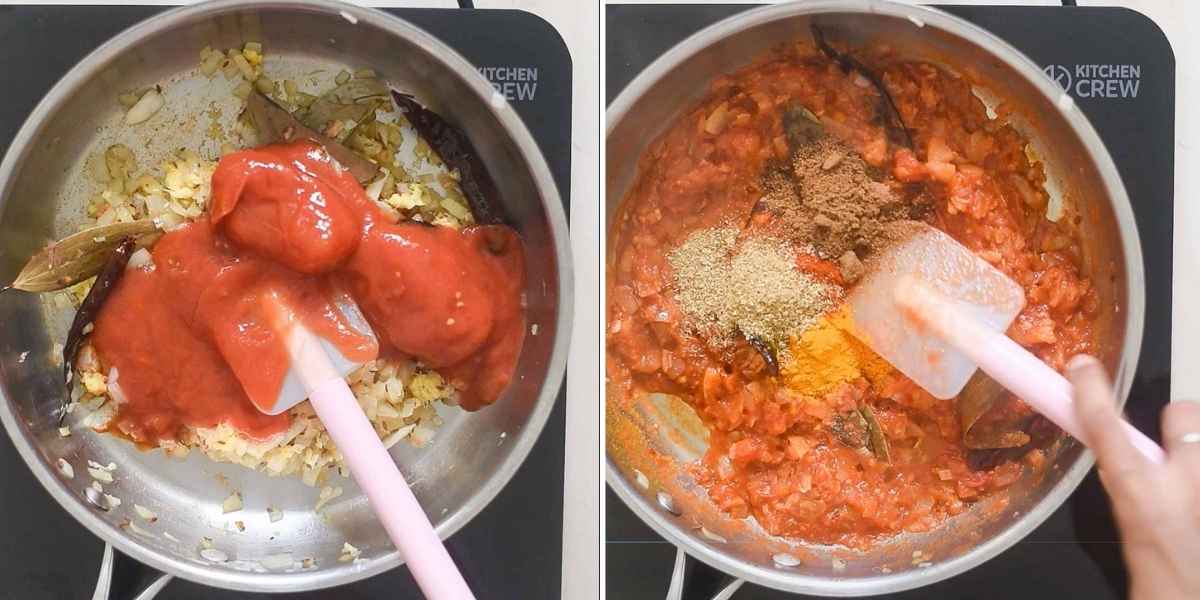 Collage showing addition of tomatoes to sauteed onions