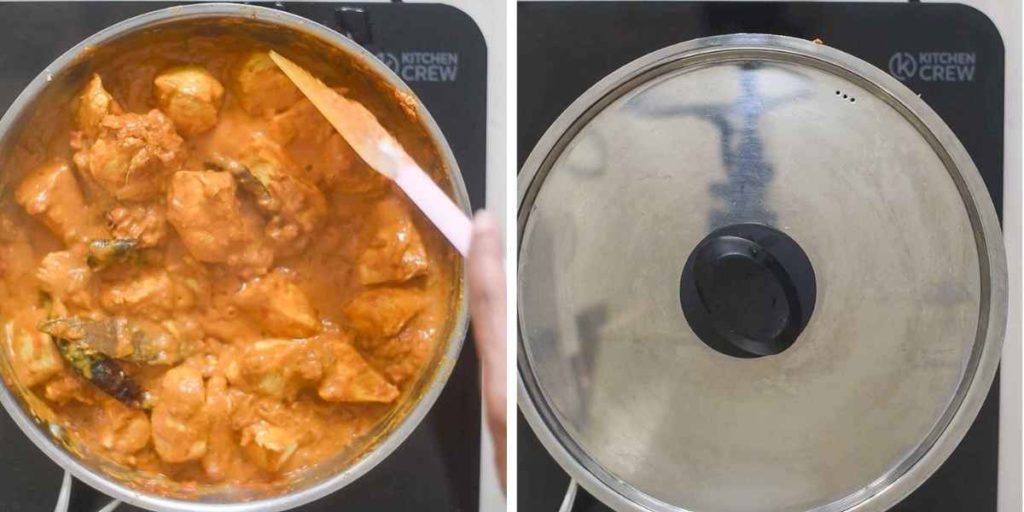 Collage showing the chicken curry simmering 