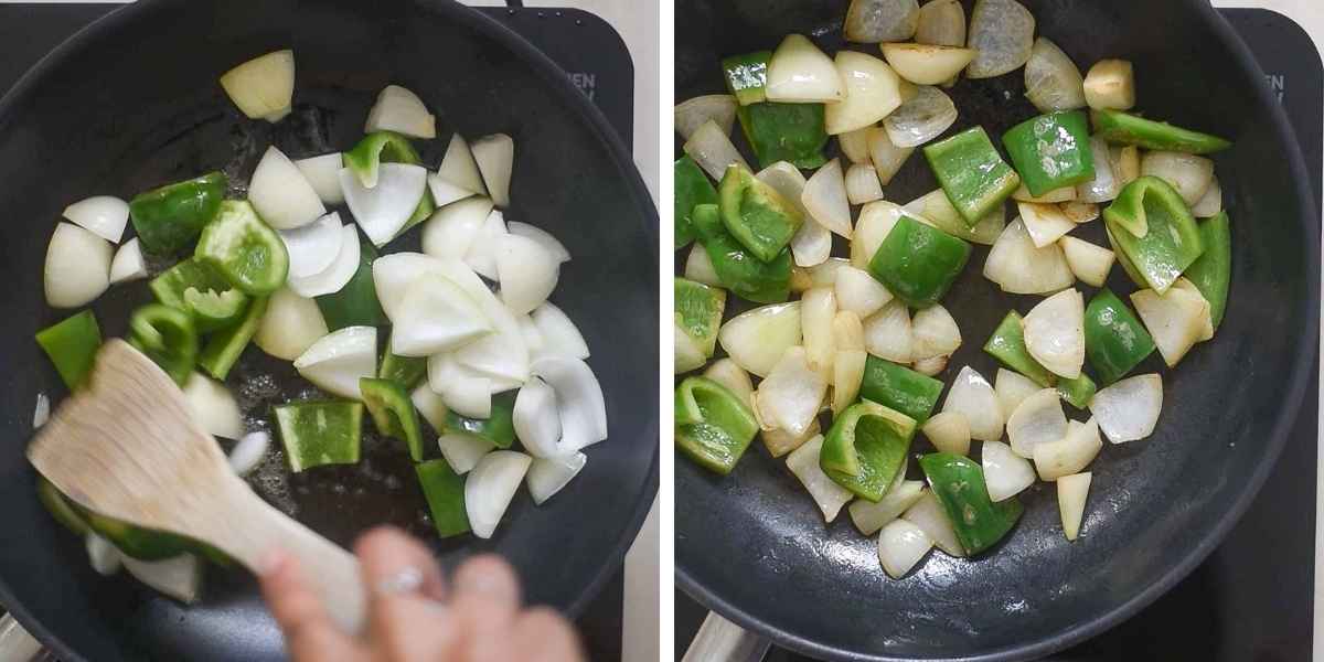 Collage of images showing the sauteeing of bell peppers and onions 