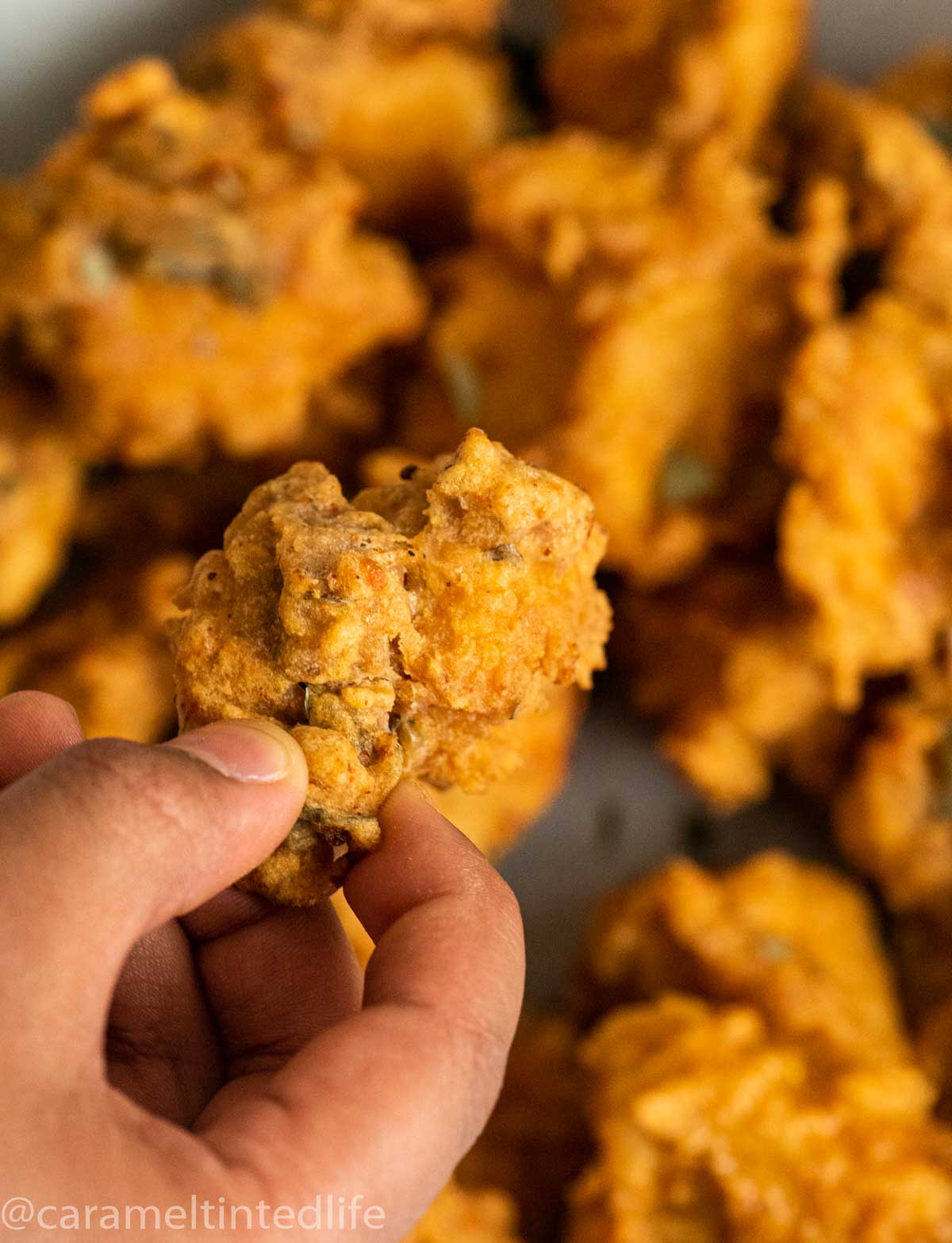 Fingers holding a single chicken pakora