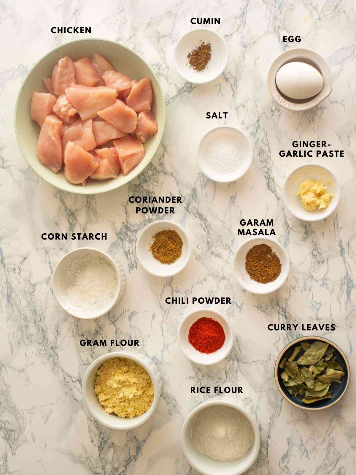 All the ingredients required to make chicken pakoras