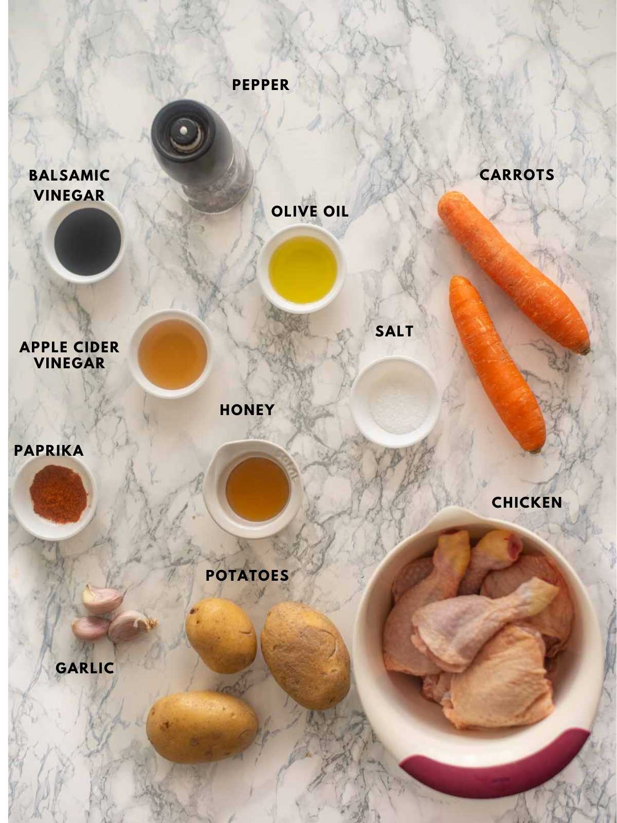 all the ingredients required to make sheet pan honey garlic chicken 