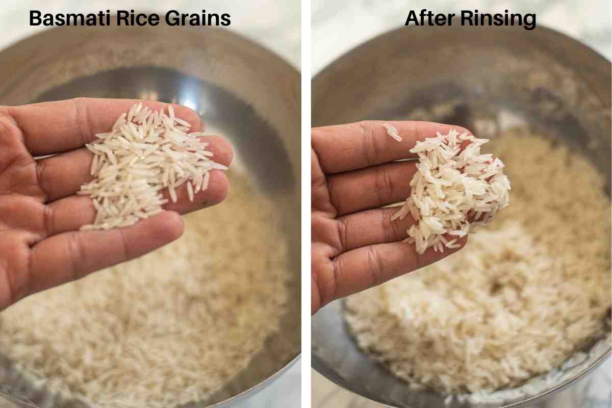 Basmati rice grains before and after rinsing