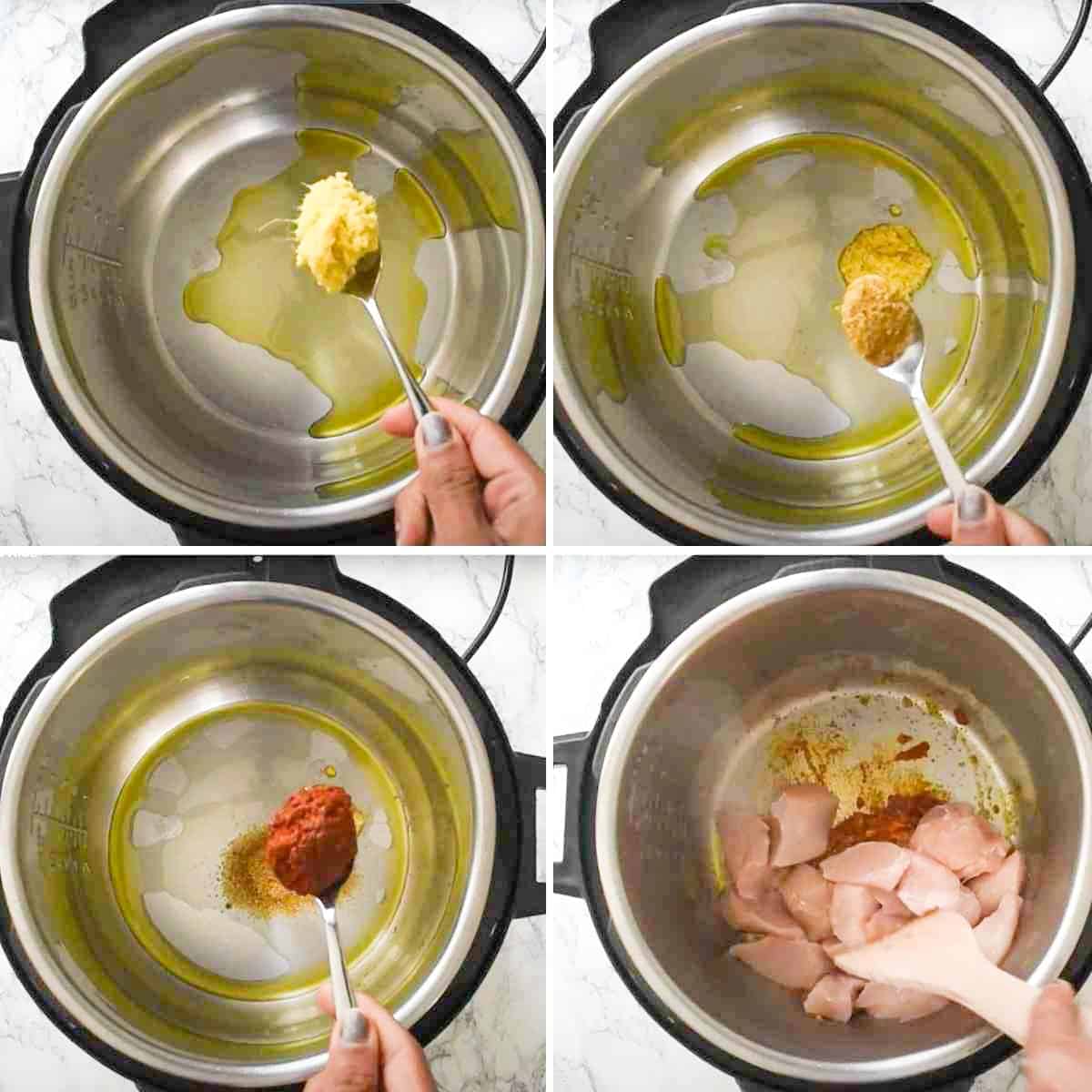 Collage showing steps for sauteeing chicken in Instant Pot for Thai chicken curry