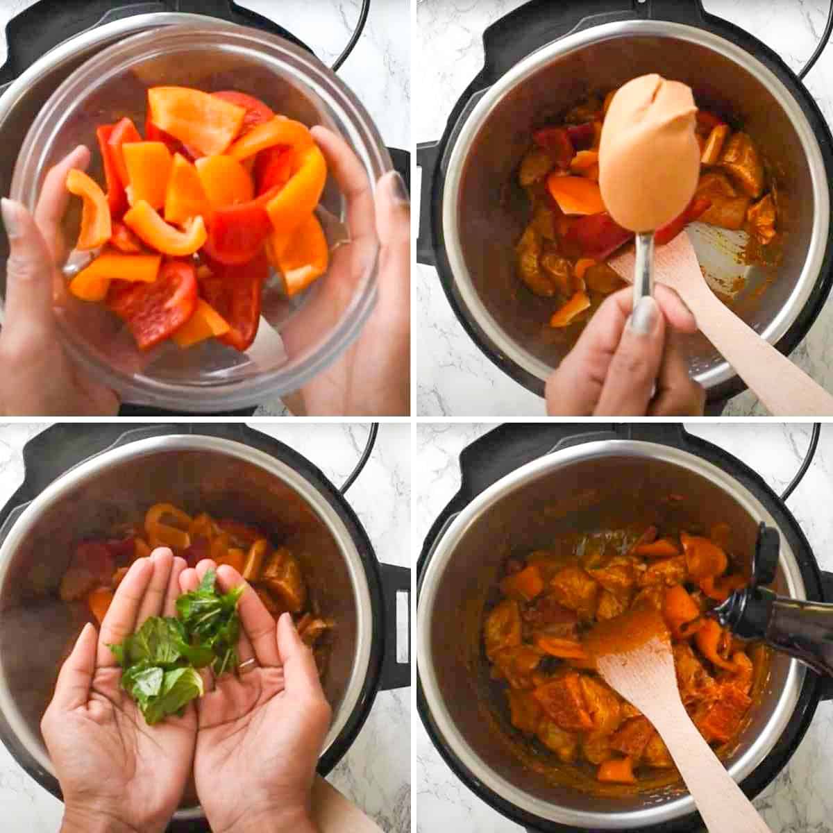 Steps showing thai chicken curry being made in an Instant Pot