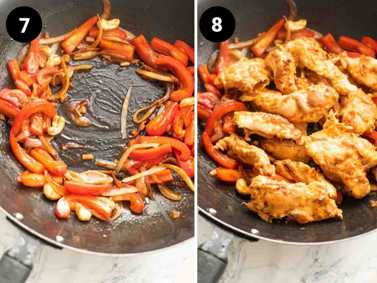 collage of images showing chicken tossed in a wok with peppers