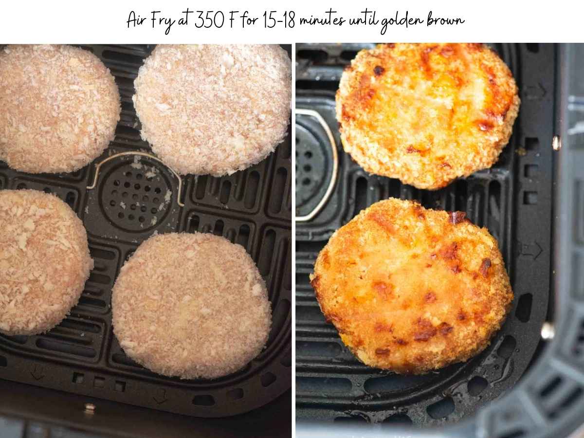 Images showing before and after chicken patties being air fried