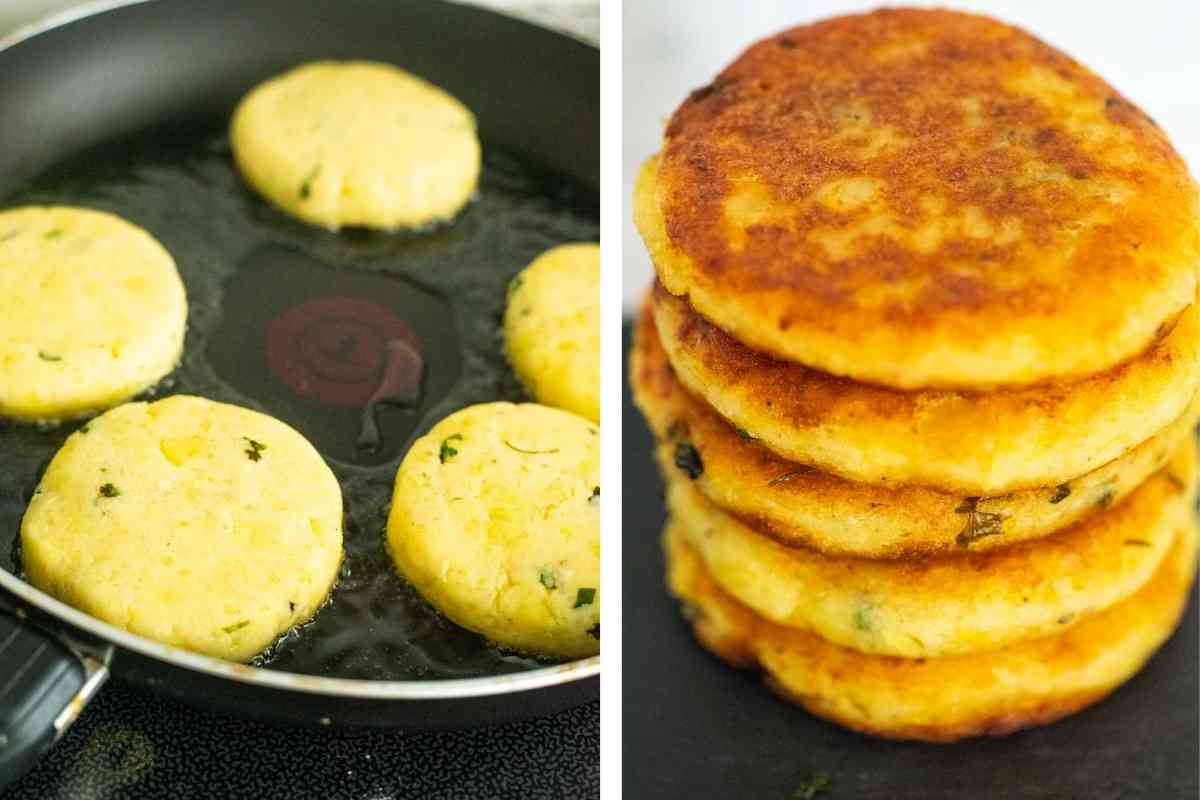 image collage of aloo tikkis fried in a frying pan then stacked