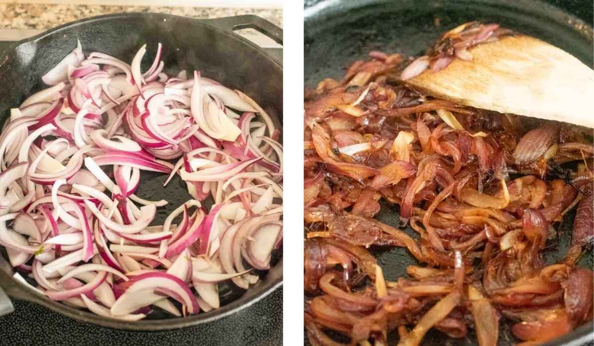 onions browning in a cast iron pan 