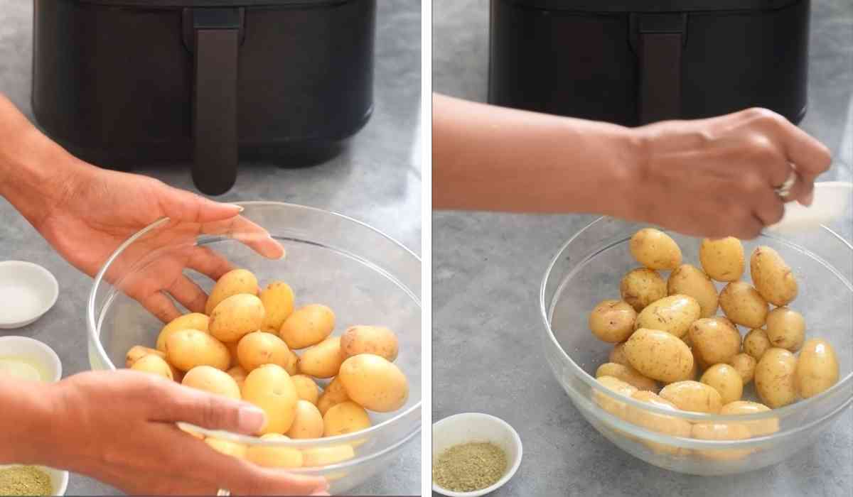 image collage showing baby potatoes being salted in a glass bowl