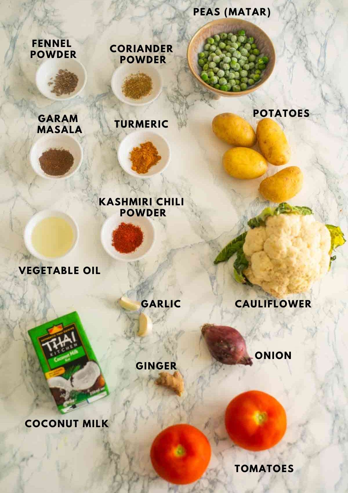 all ingredients for making cauliflower curry