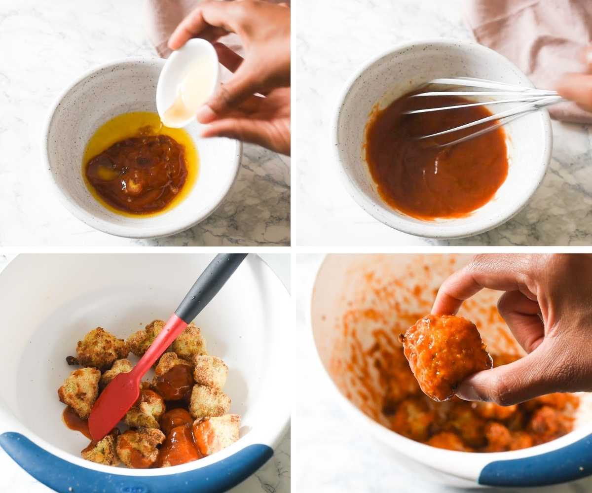 collage of images showing airfried cauliflower tossed in hot sauce