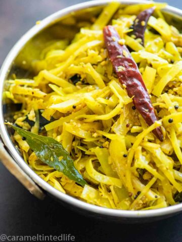 close up of sauteed shredded cabbage with spices