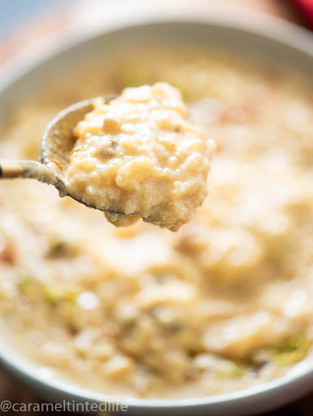 spoon holding rice kheer over a bowl