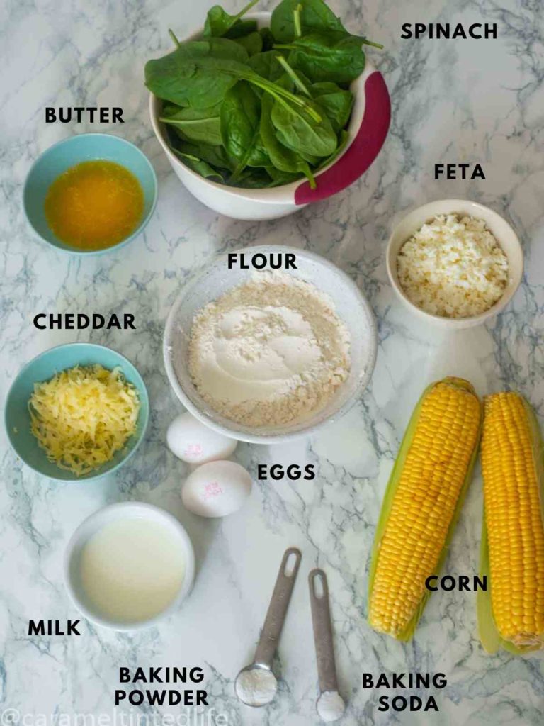 all the ingredients for spinach feta muffins