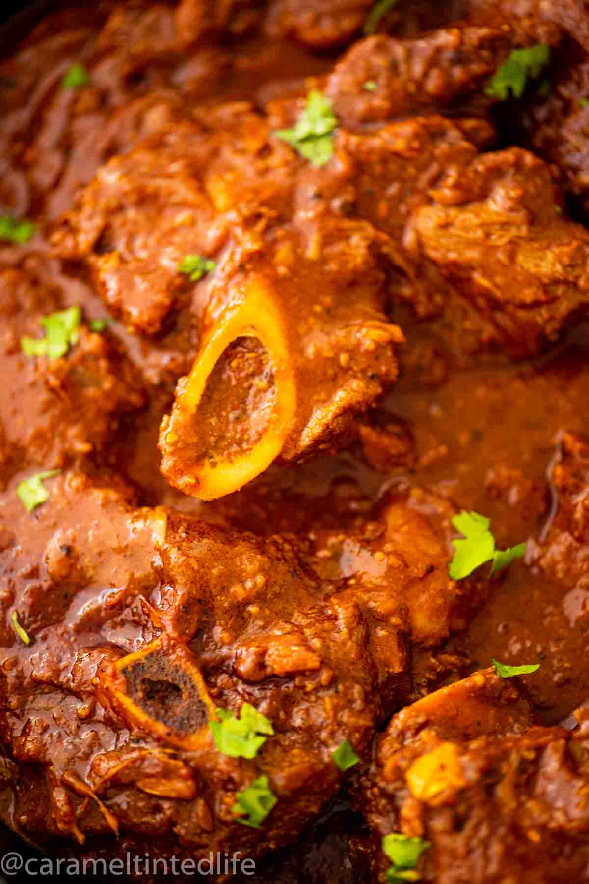 close up of lamb curry pieces with bone