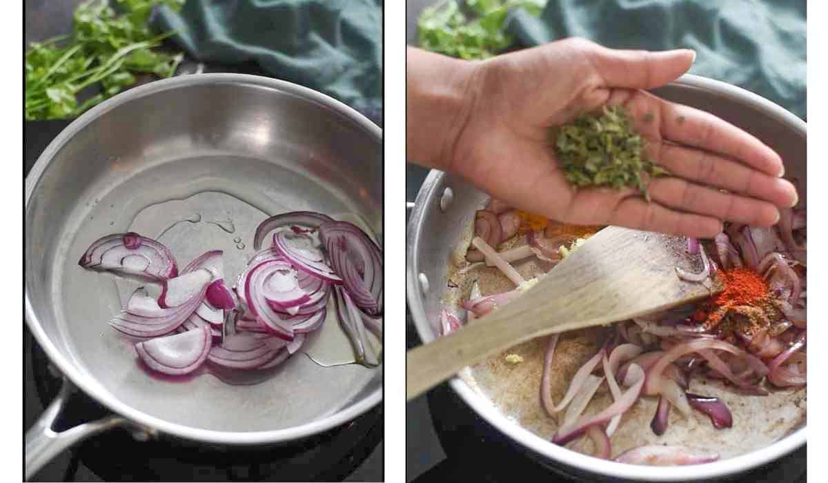 sauteeing onions with spices in a frying pan