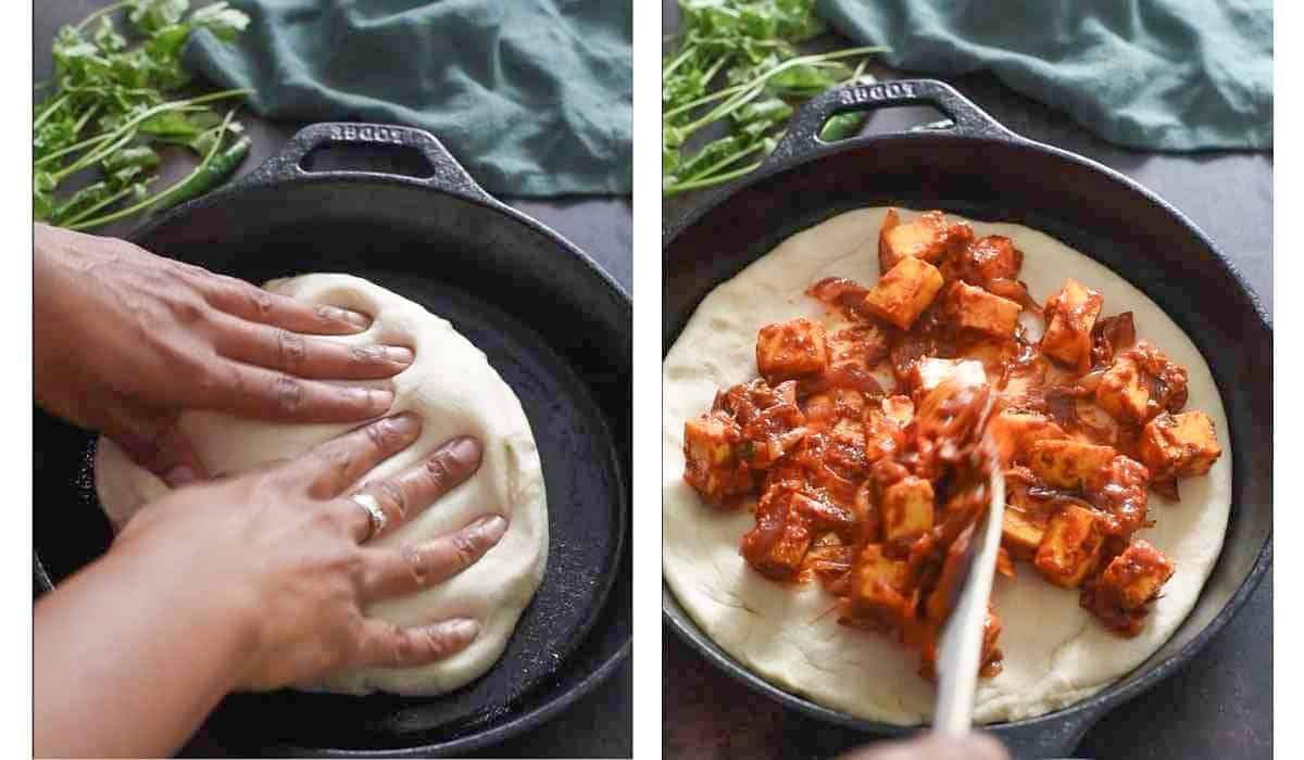 adding paneer topping to pizza dough base