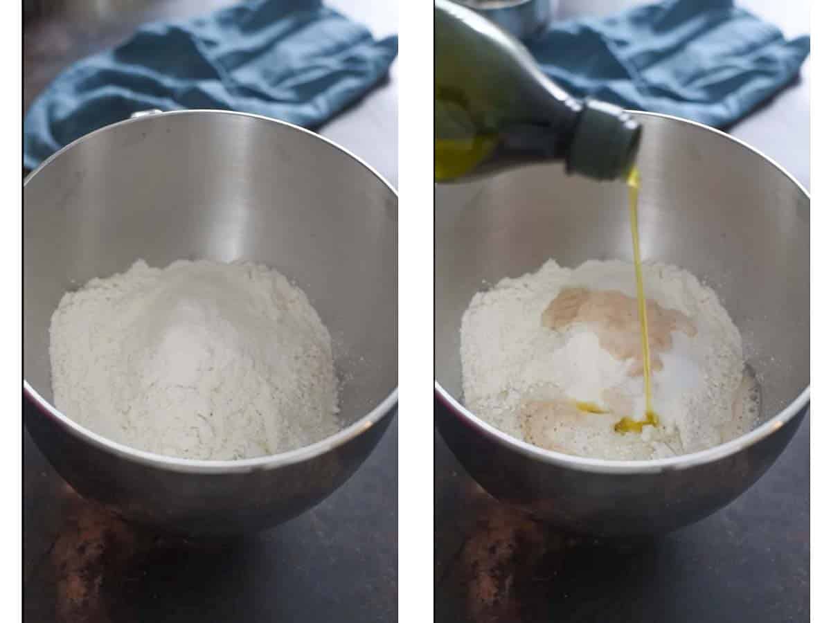 adding oil and yeast to flour in a mixing bowl 