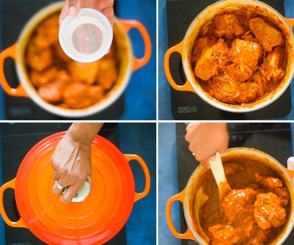 image collage showing water added to lamb curry in a dutch oven